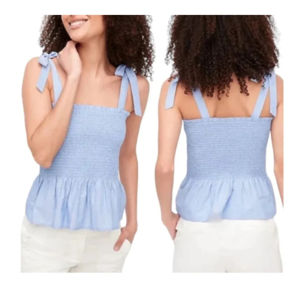 J. Crew Smocked Tie-Shoulder Tank Top Blue Women's Medium